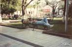 O Haroldo descansa na praça central de Santa Cruz de La Sierra, enquanto aguardamos o horário de nosso ônibus para Cochabamba, na Bolívia (viagem de Julho de 1990)